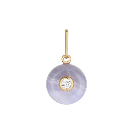 Purple gemstone pendant with gold accents on a white background