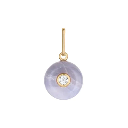 Purple gemstone pendant with gold accents on a white background