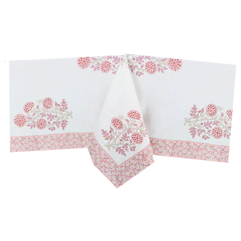 Pink Floral Block Printed Table Cloth