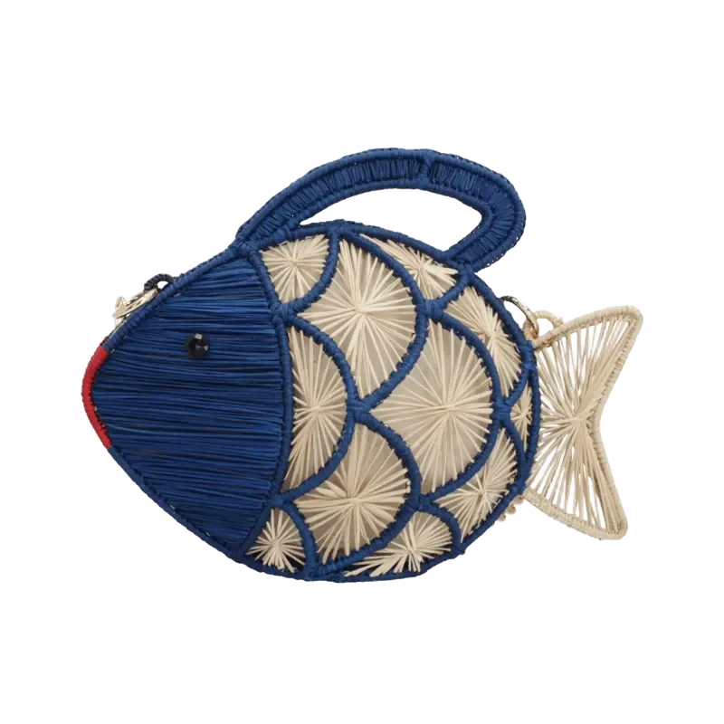 Fish-shaped handbag with blue and beige design on a white background
