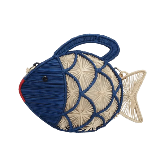 Fish-shaped handbag with blue and beige design on a white background